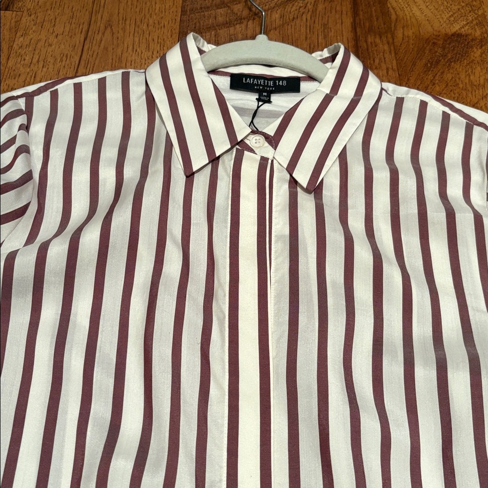 NWT Lafayette 148 Woman’s Lingonberry Multi Striped Button Down Size M - Picture 2 of 5